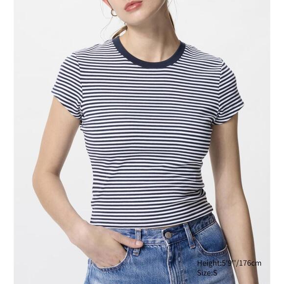 Uniqlo Mini T-Shirt Navy White Striped Baby Tee Size Medium - Picture 1 of 6